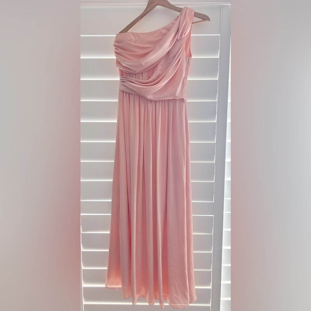 Elegant Blush Pink One Shoulder Bridesmaid Formal Maxi Gown Wedding Guest Dress - Picture 8 of 9